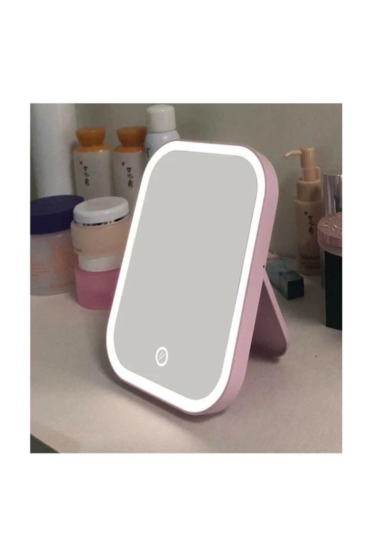 Pink Desktop Touch Makeup Mirror with LED Ring Light and Built‑in Organizer