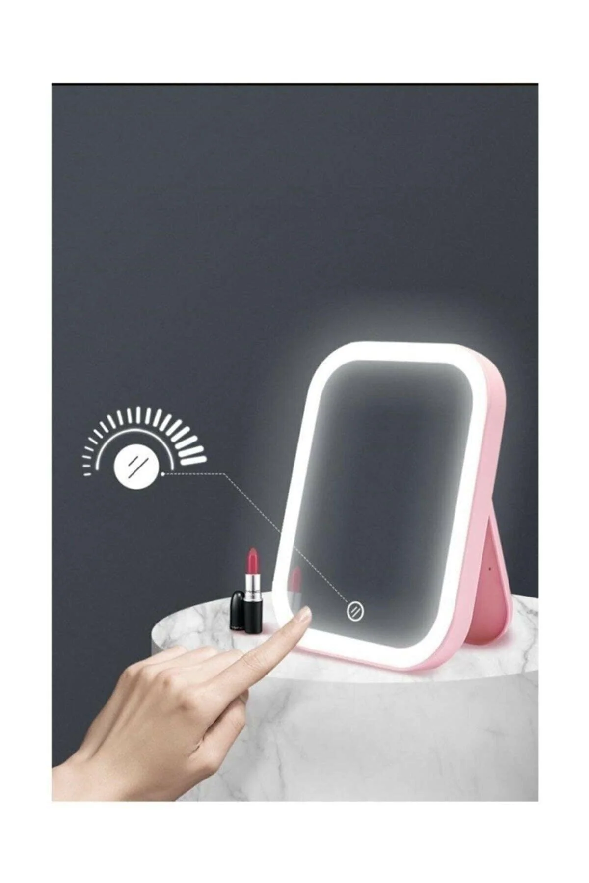 Pink Desktop Touch Makeup Mirror with LED Ring Light and Built‑in Organizer