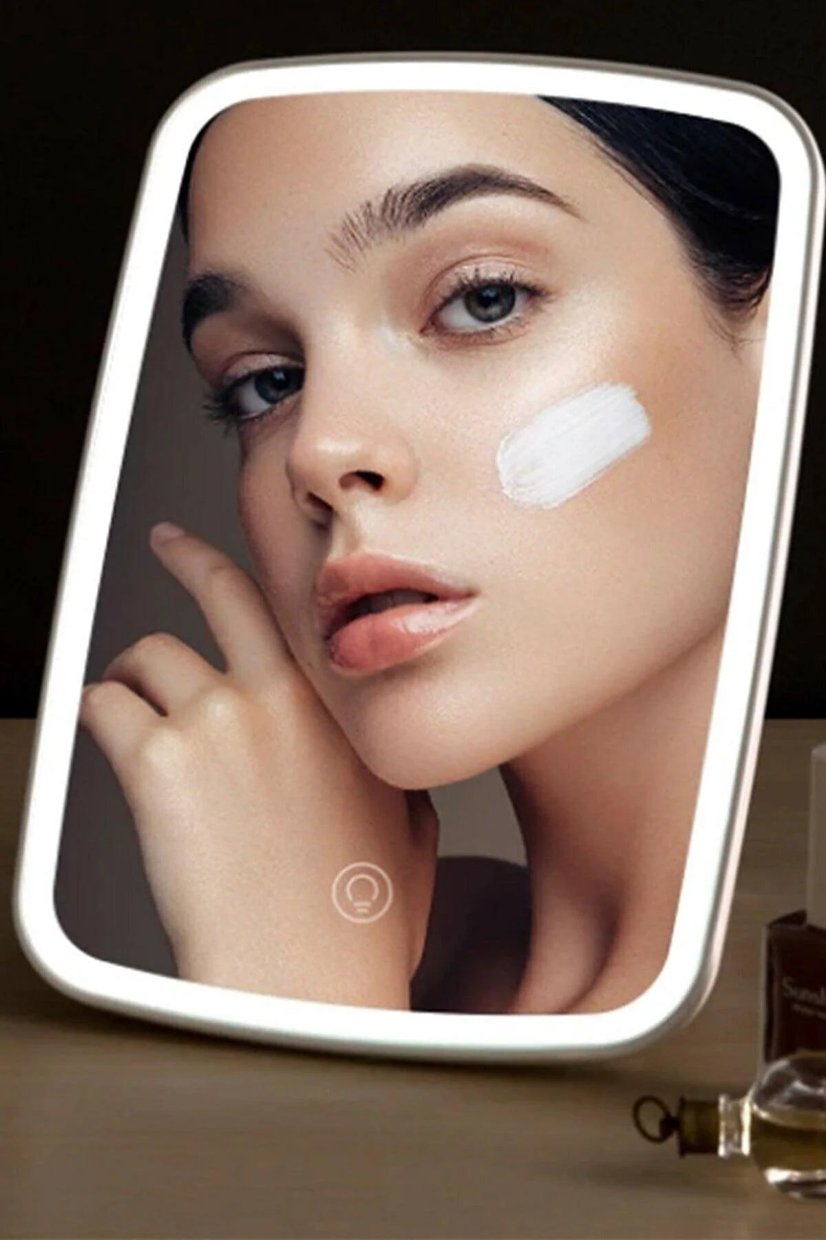 LED touch makeup mirror with adjustable brightness and organizer