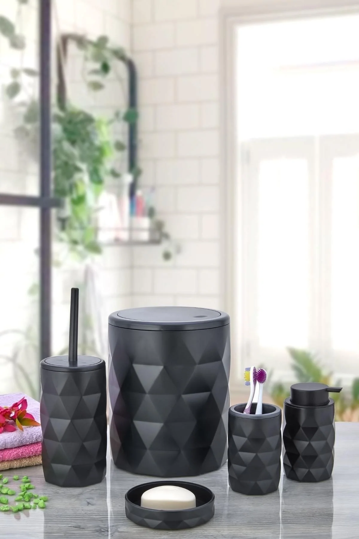 5-piece black plastic bathroom set with liquid and solid soap dispensers