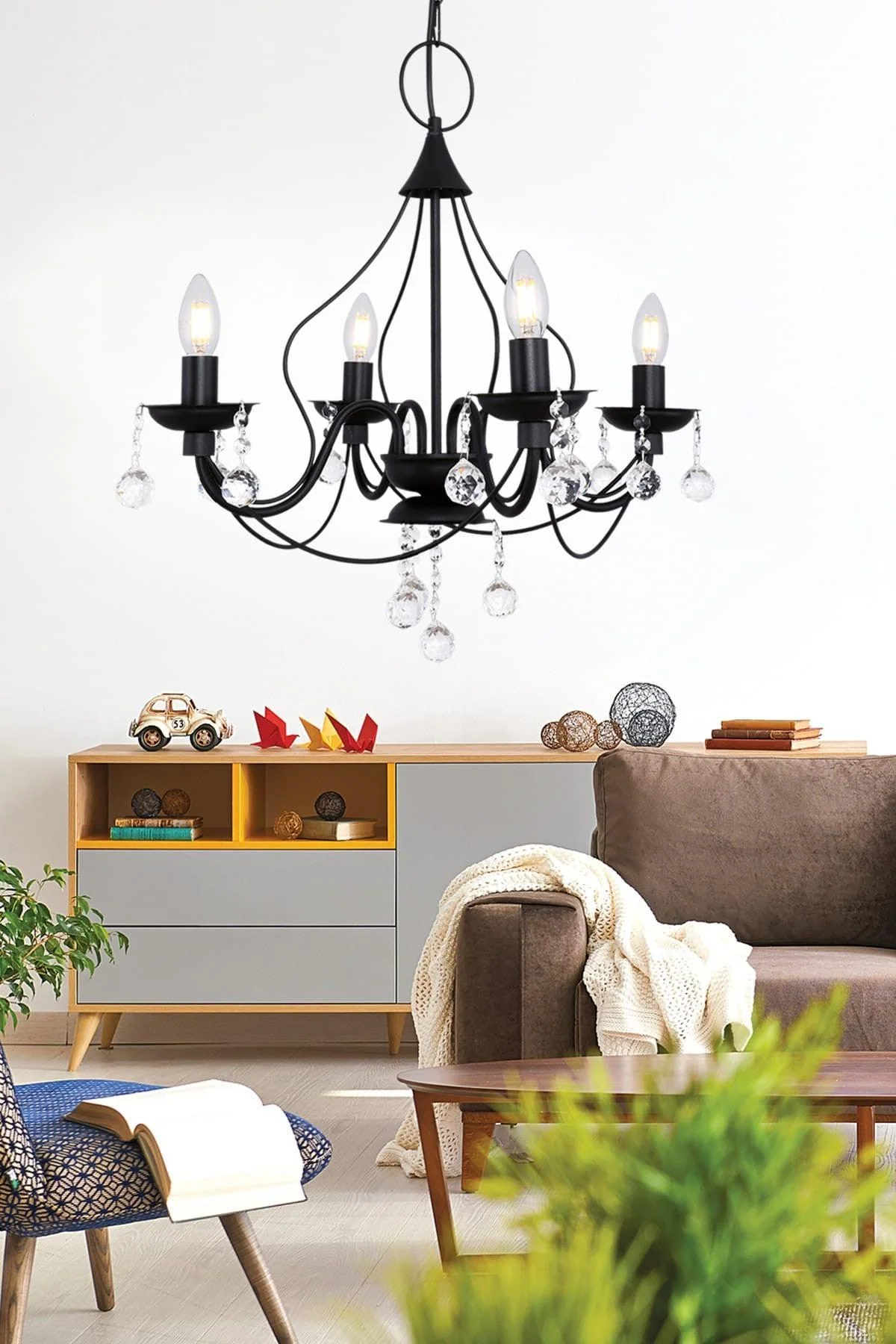 Black crystal stone chandelier with E14 fittings, 50 cm diameter x 76 cm length