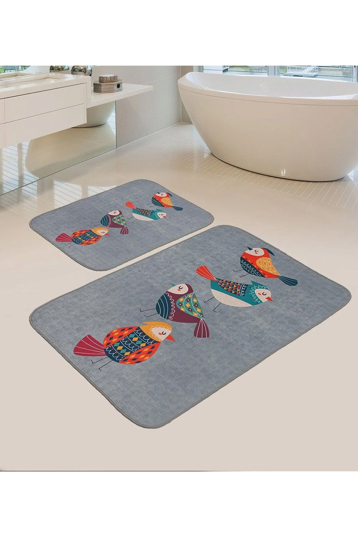 Non-Slip Washable Bath Mat Set with Bird Pattern - 2 Pieces