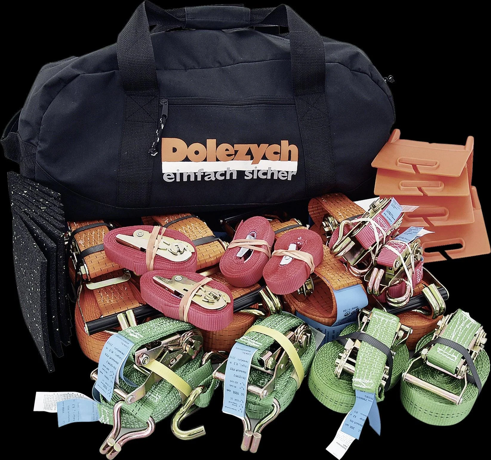 Heavy-duty load securing set with lashing straps and hardware