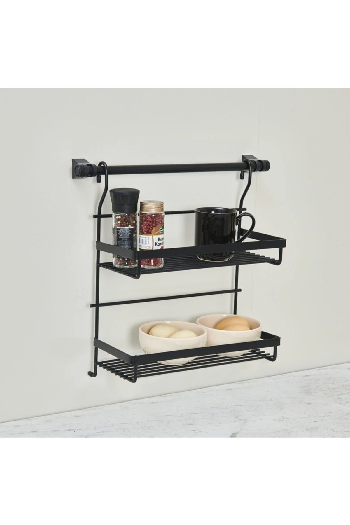 Black double-tier spice rack with chrome finish