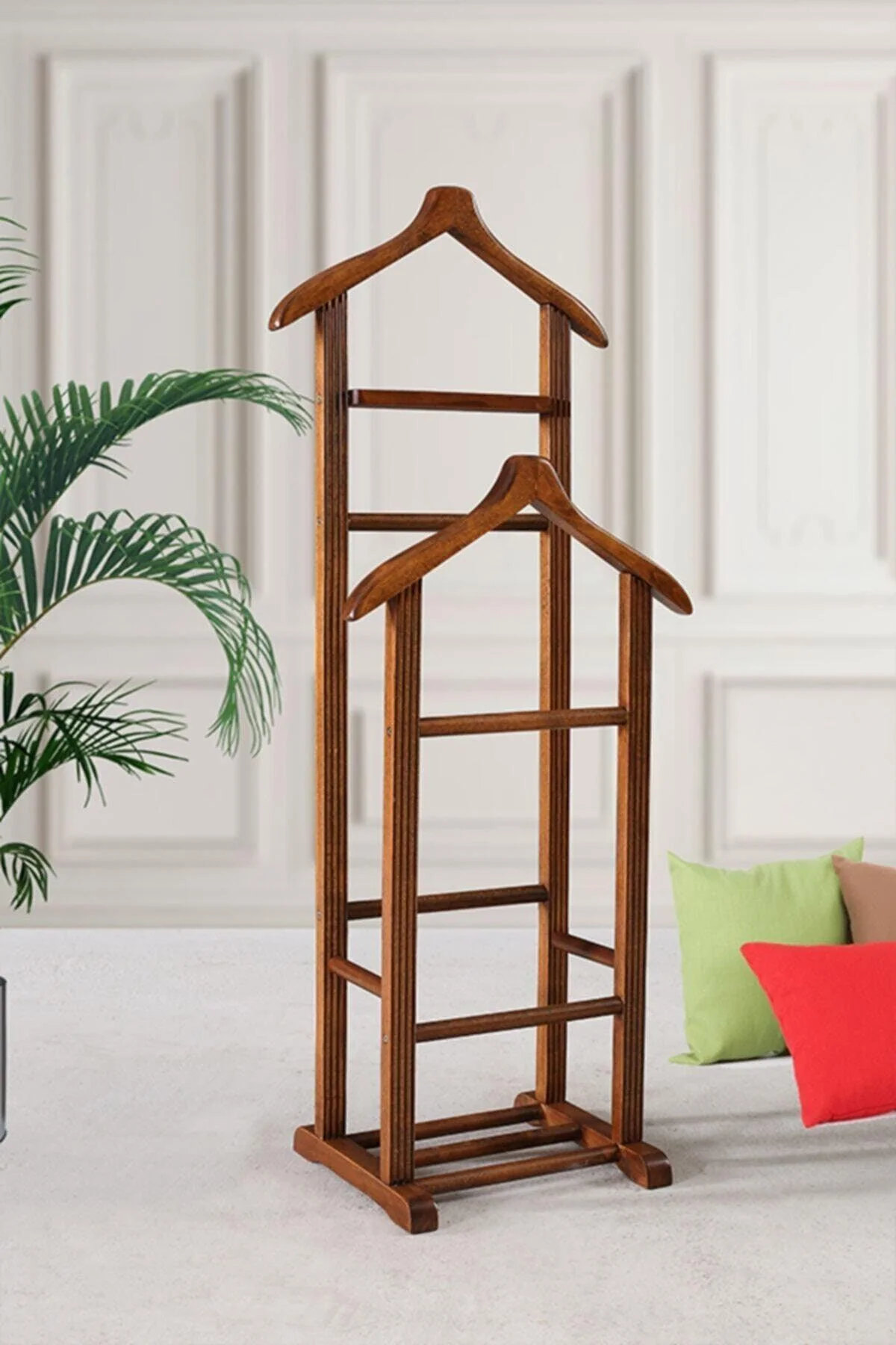 120 cm walnut wooden coat rack with double coat bar