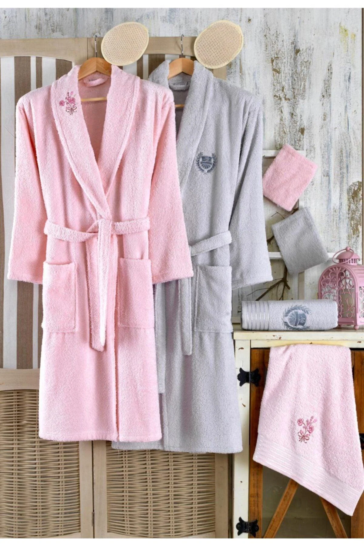 10-Piece Embroidered Cotton Bathrobe Set with Towels, Pouches & Soap