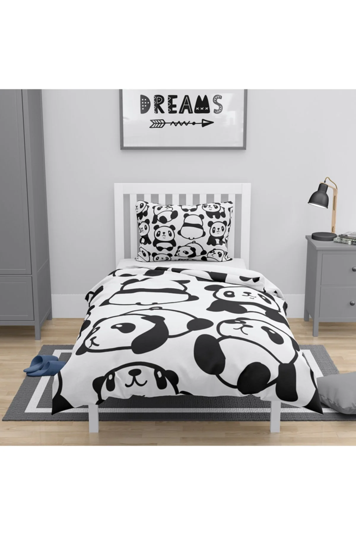 Panda print cotton duvet cover set with fitted sheet
