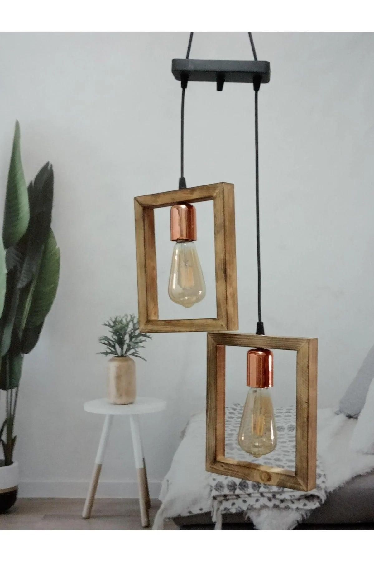 Rectangular wooden E27 chandelier with two lamp holders