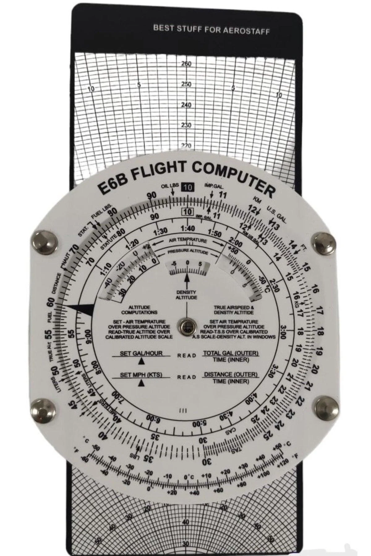 Pilot flight training E6B flight computer and flight training chart ruler