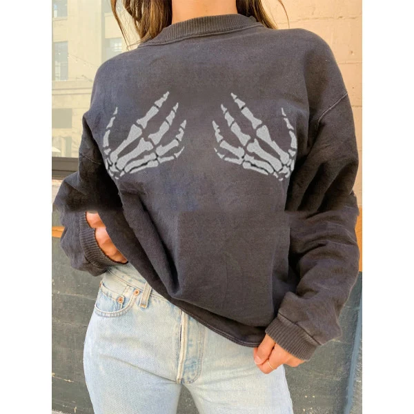 Edgy Bone Hand Print Loose Pullover Sweater