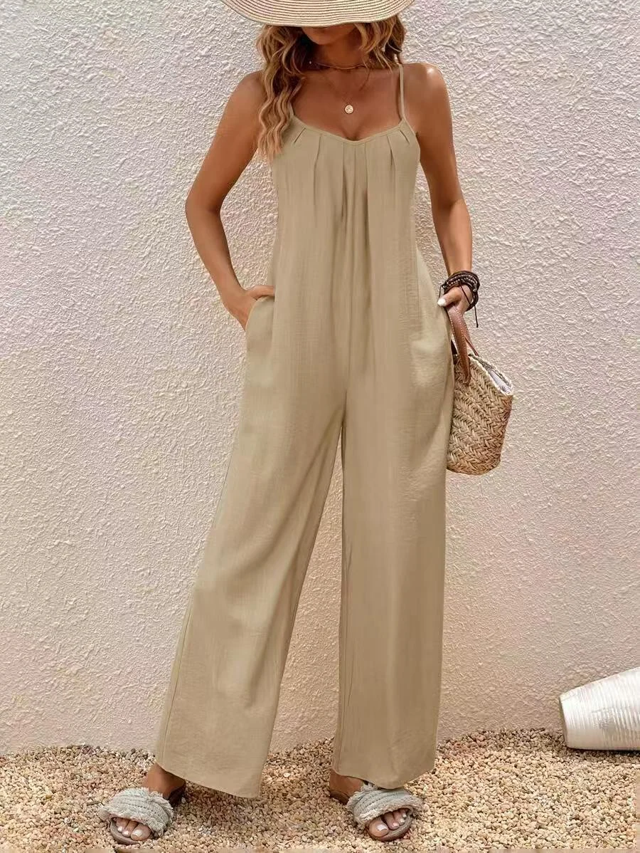 Elegant Solid Color Adjustable Strap Vacation Jumpsuit