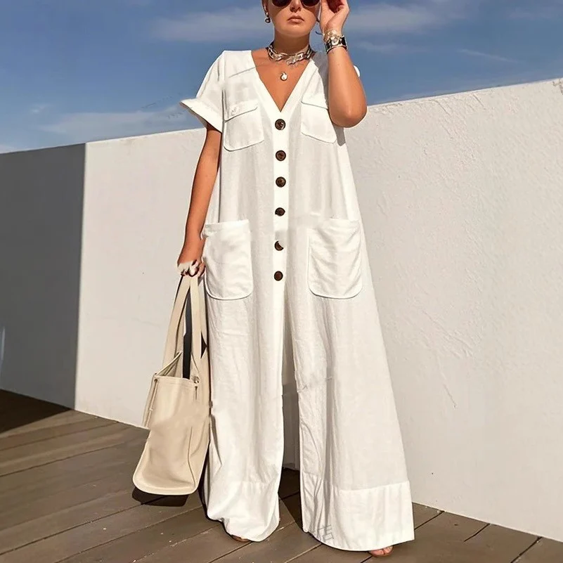 Elegant Solid Color Pocket Single-Breasted Jumpsuit