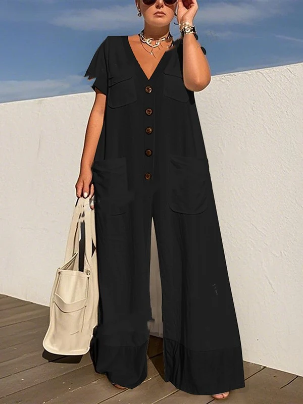 Elegant Solid Color Pocket Single-Breasted Jumpsuit