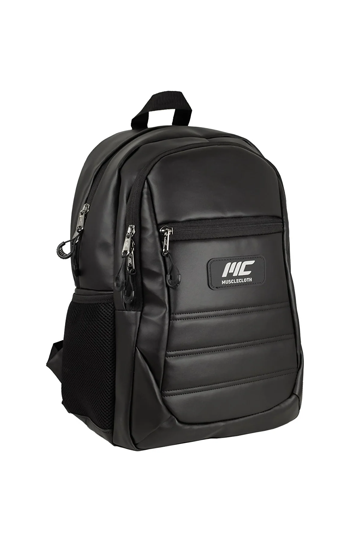 Black unisex backpack with padded laptop compartment