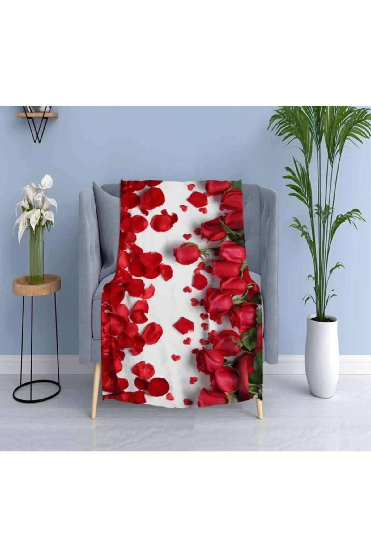 Double‑Layer 3D Printed TV Blanket – Red White Floral, 130 × 170 cm