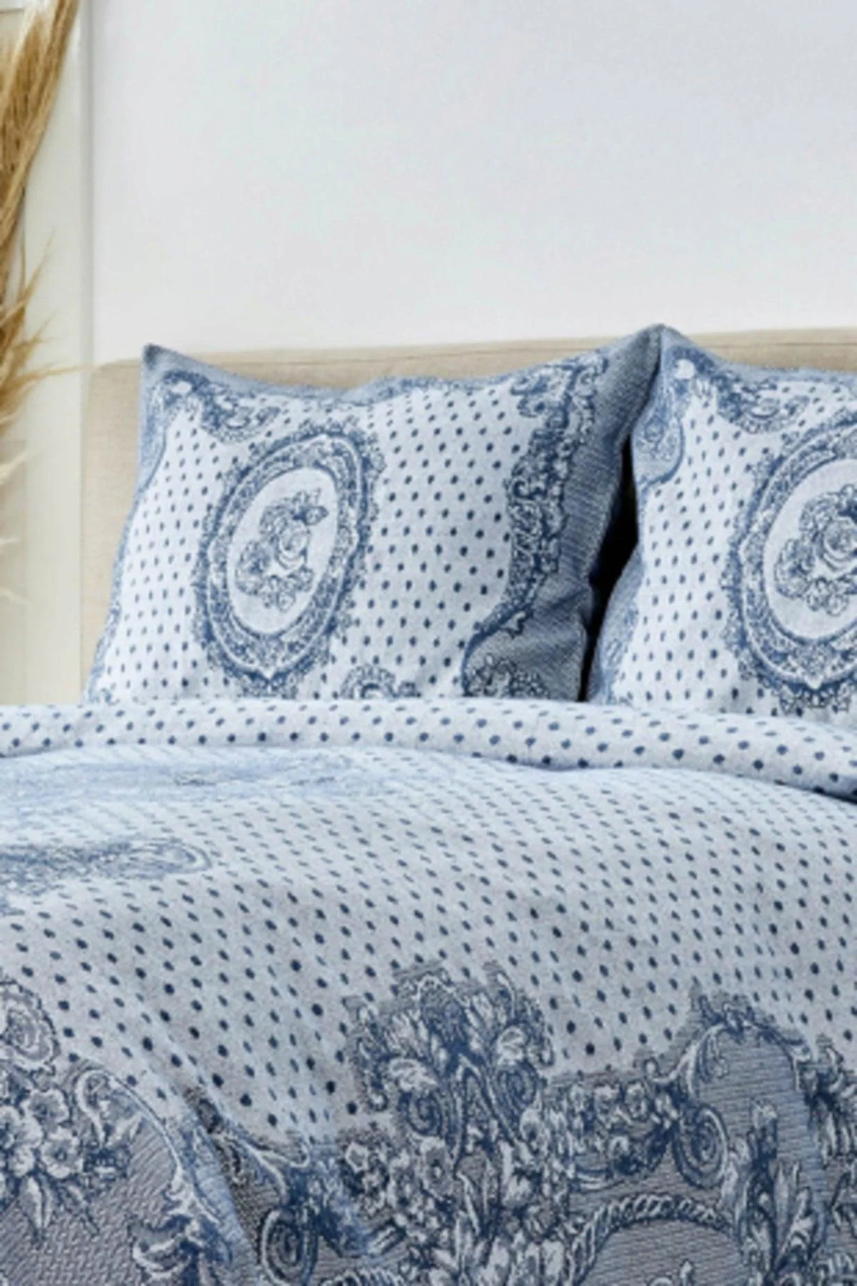 Indigo cotton-polyester double bedspread set with pillowcases