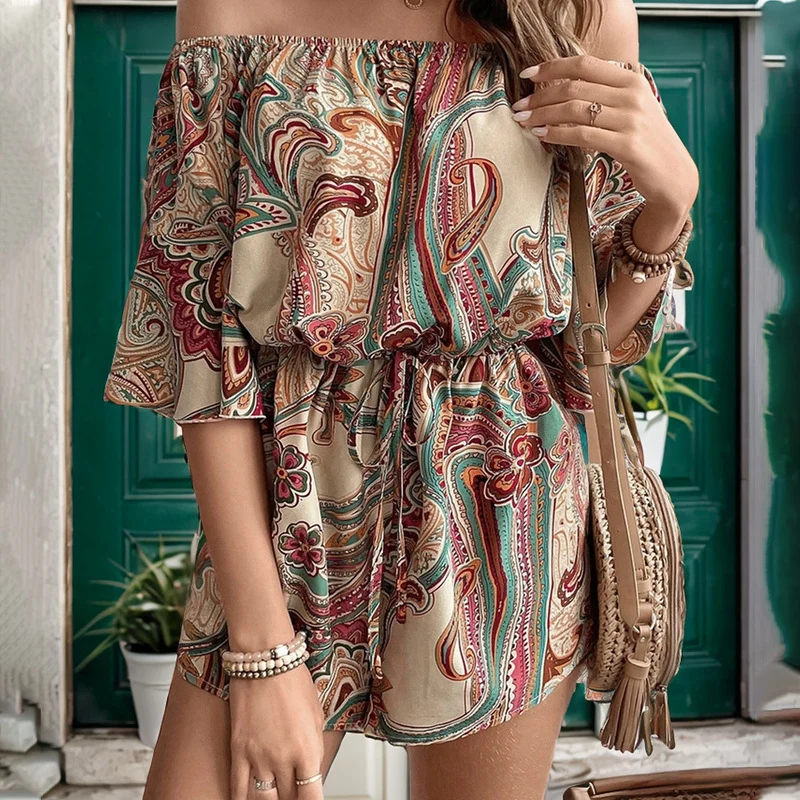 Ethnic Print Backless Romper Shorts