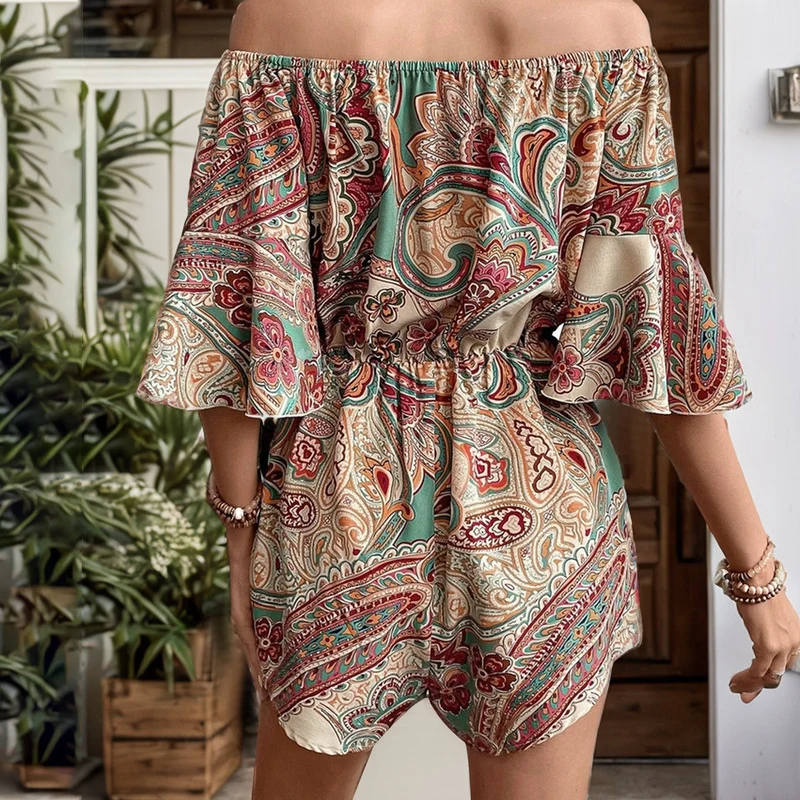 Ethnic Print Backless Romper Shorts