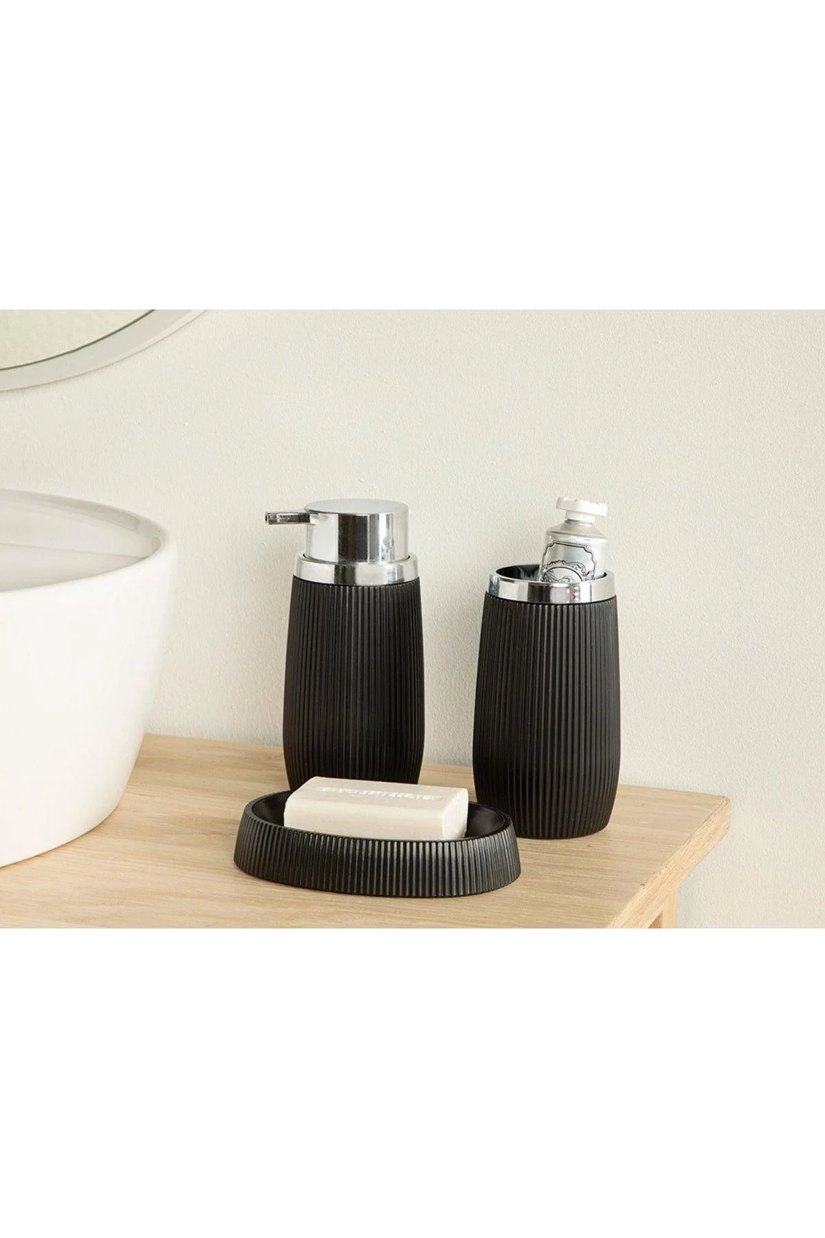 Black Plastic 3-Piece Bathroom Set with Soap Dispensers