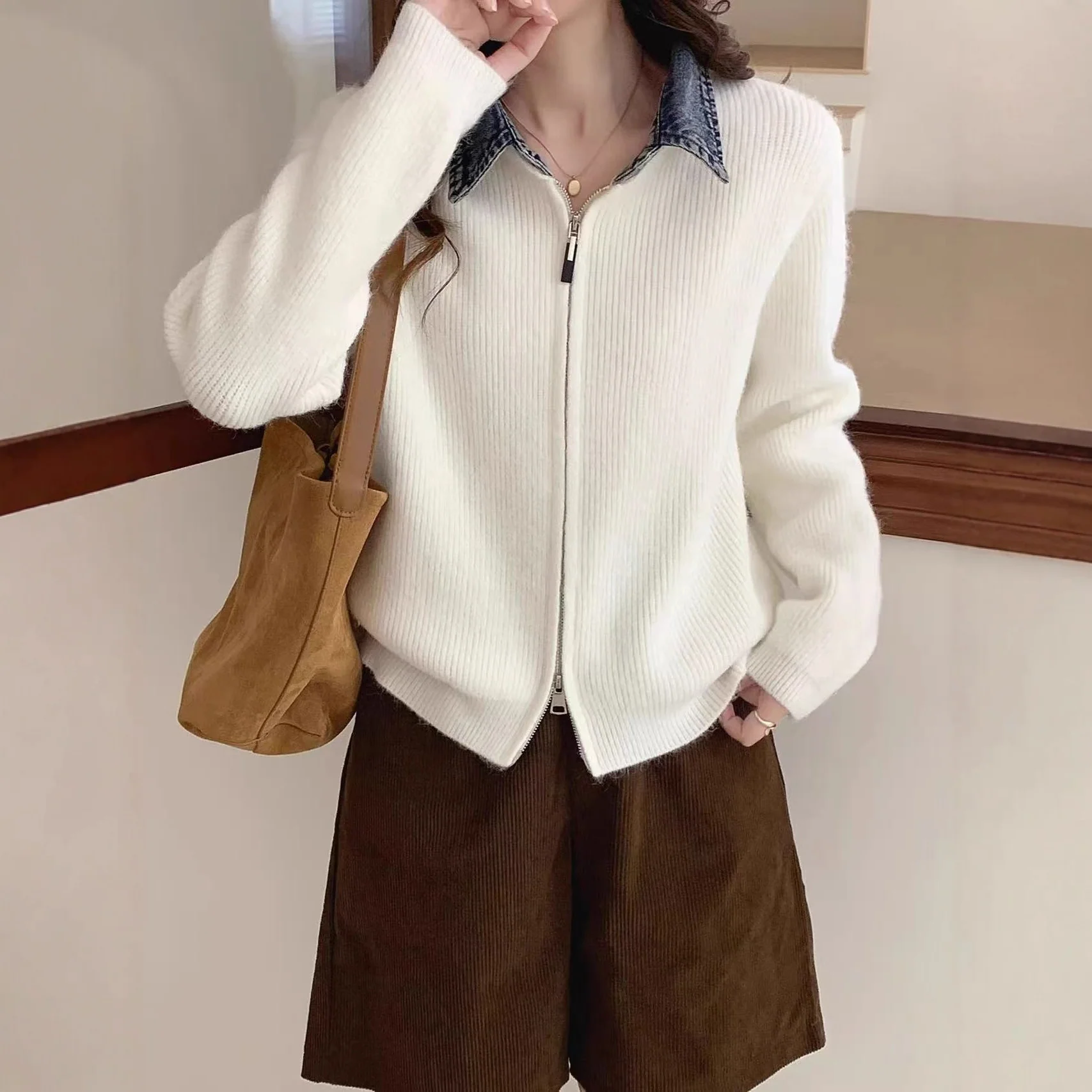 False Two-piece High Quality Denim Patchwork Knitted Sweater