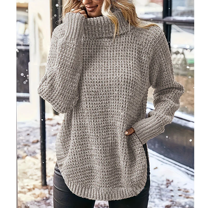 Fashionable High Lapel Split Pullover Long Sleeve Sweater