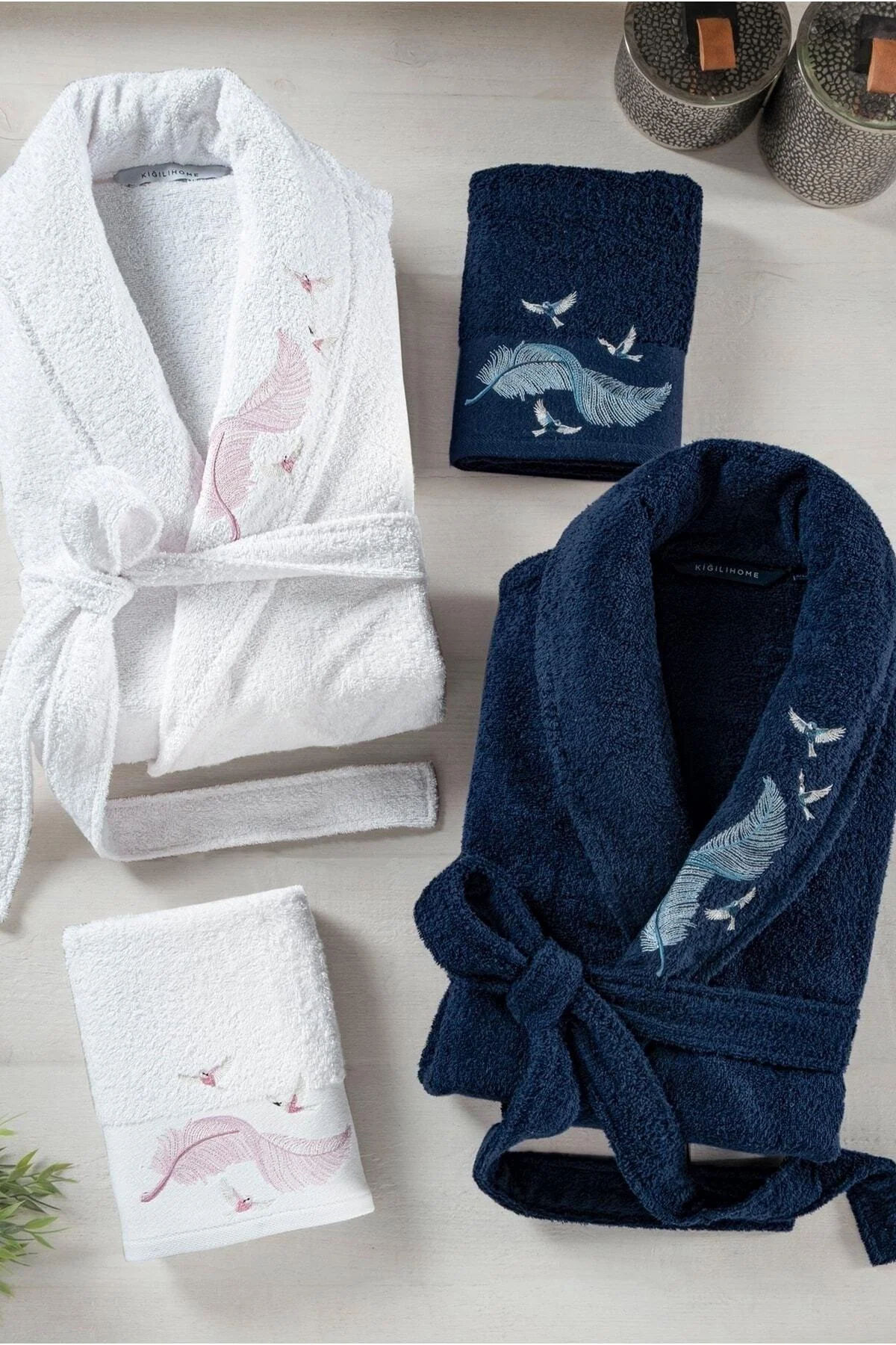 Two-piece unisex cotton embroidered bathrobe set with towels