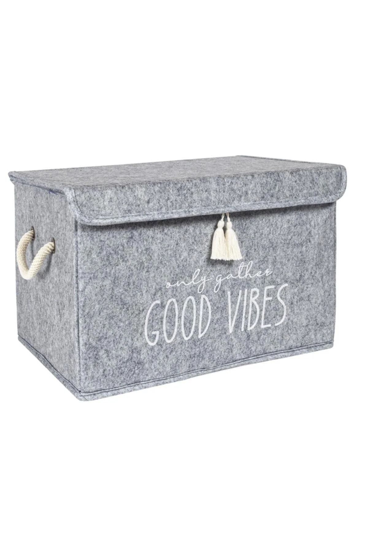 Foldable felt storage basket with lid and decorative tassels 35 x 24 x 24 cm
