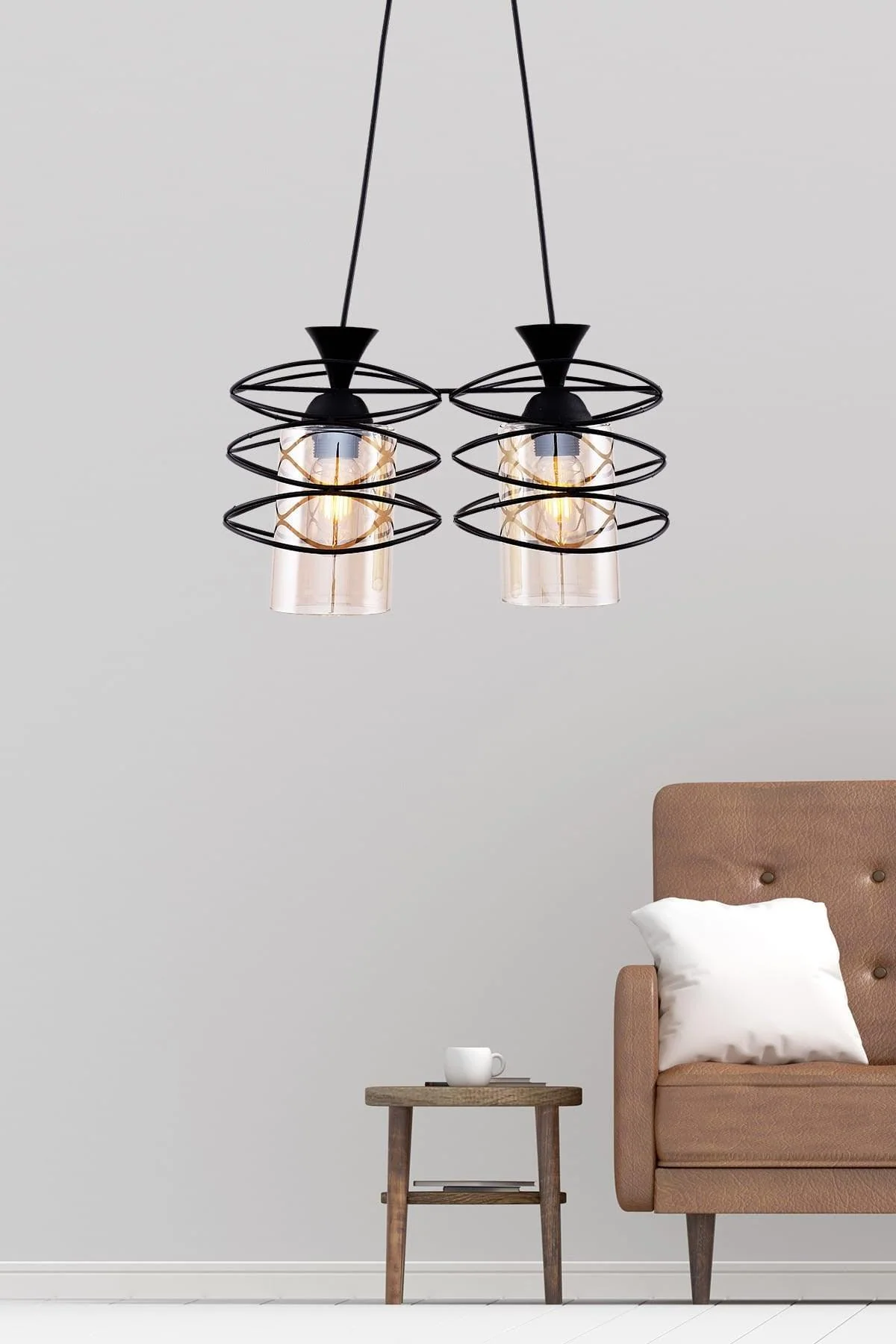 Adjustable metal two-light chandelier with electrostatic paint finish