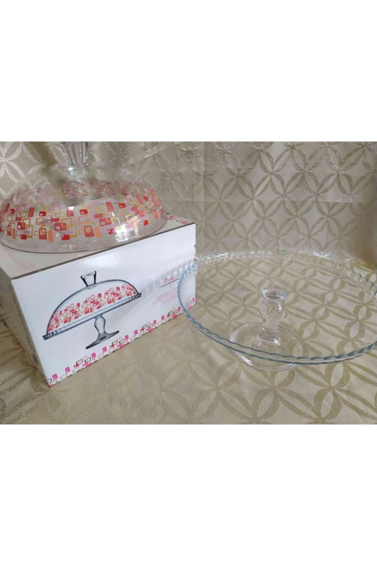 32cm footed glass cake dome with geometric pink patterns and lid