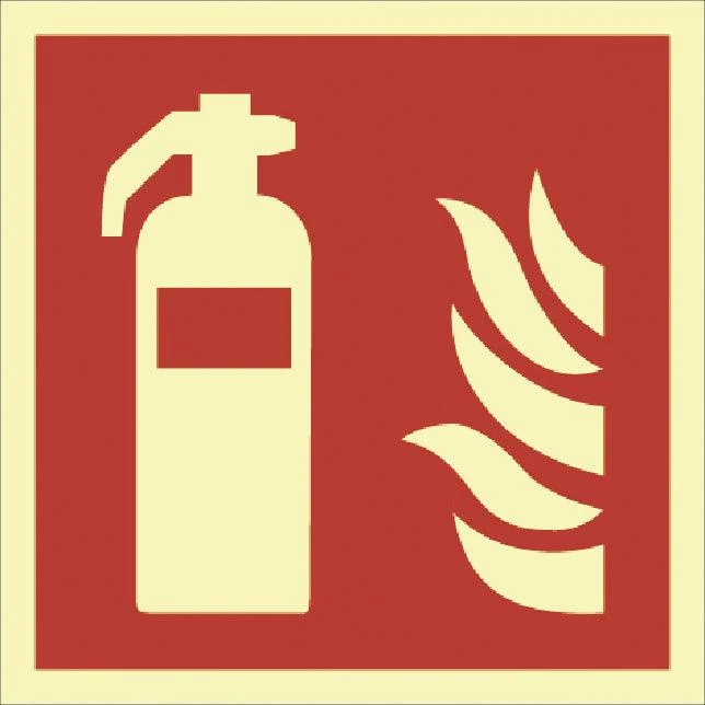 Fire protection sign with illuminated extinguisher symbol