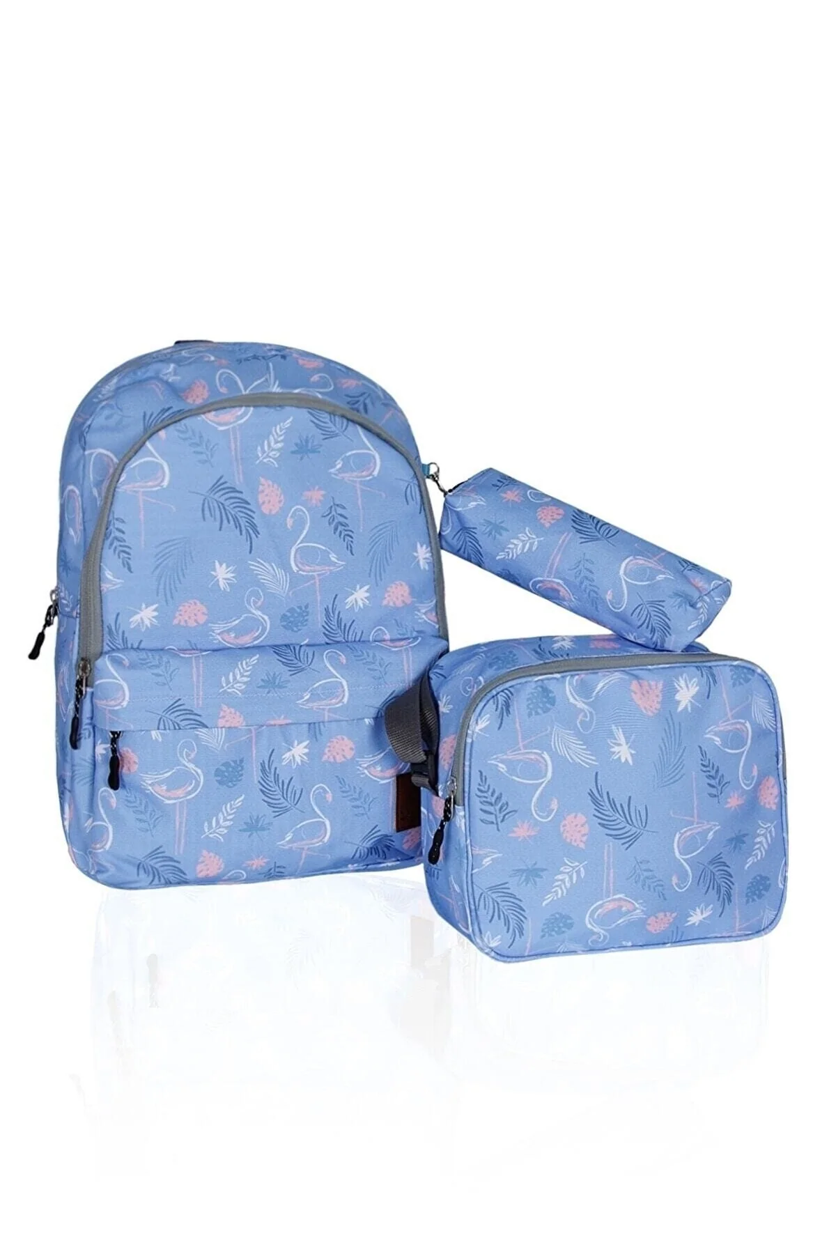 Flamingo patterned triple school bag set with lunch box and pen holder