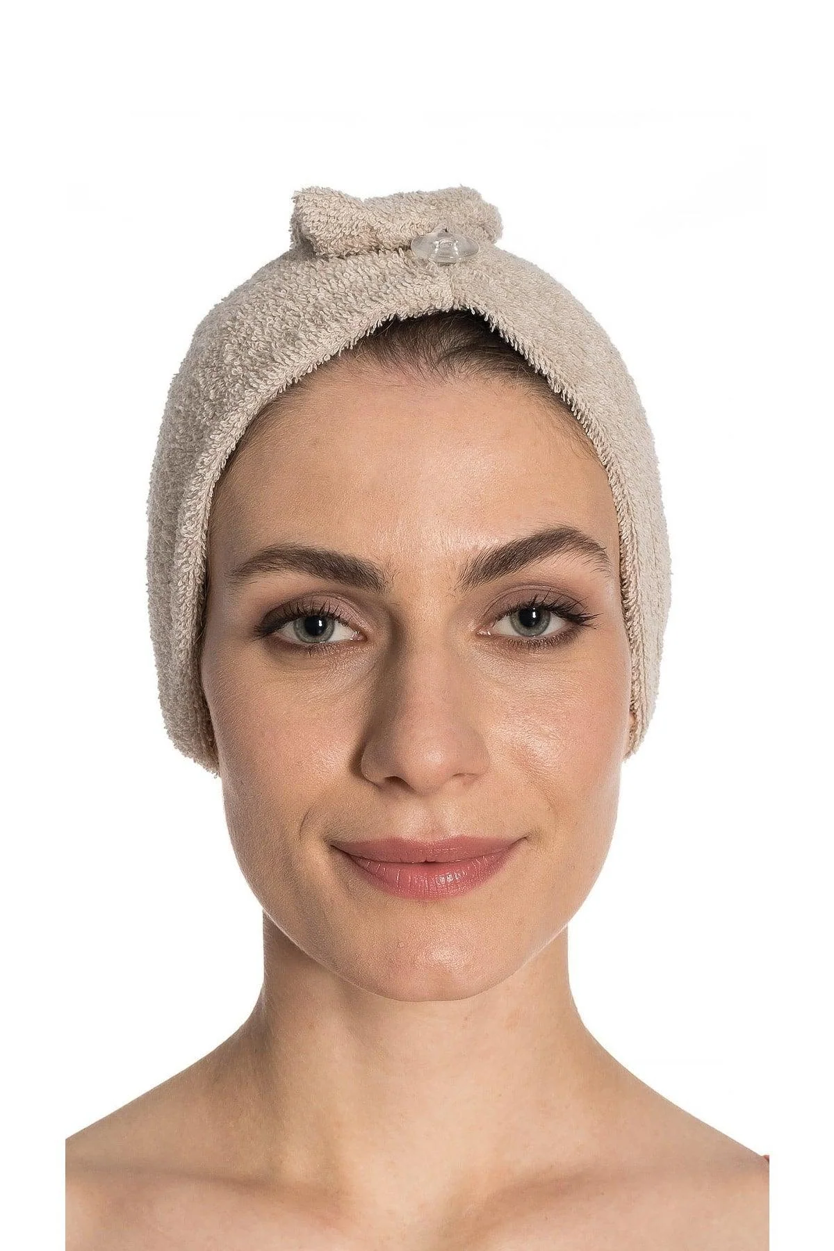 Beige Cotton Hair Drying Cap with Button Closure