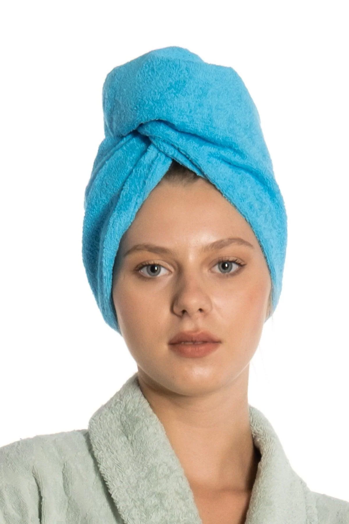 Turquoise Cotton Hair Drying Turban with Button – Lightweight, Highly Absorbent