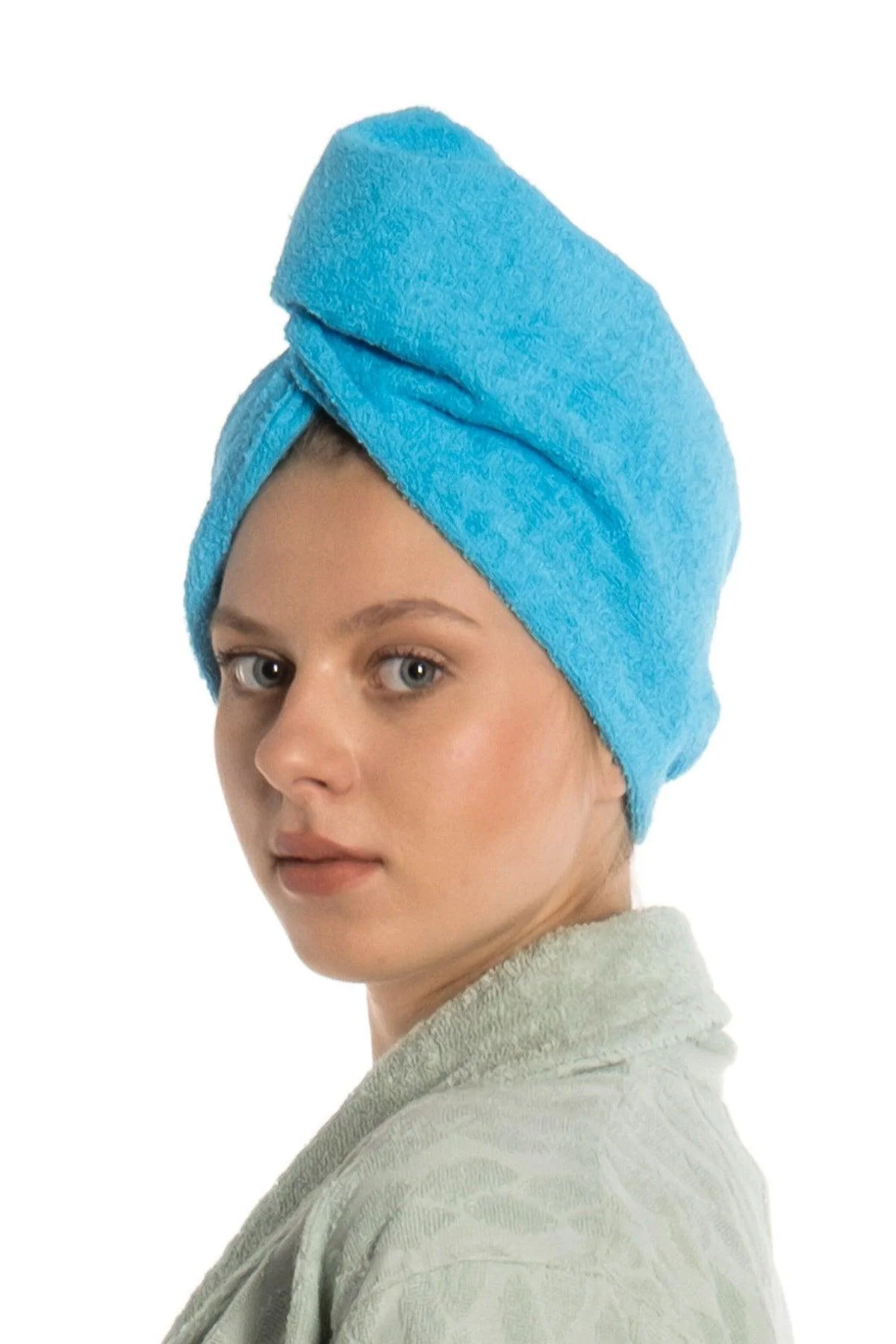 Turquoise Cotton Hair Drying Turban with Button – Lightweight, Highly Absorbent