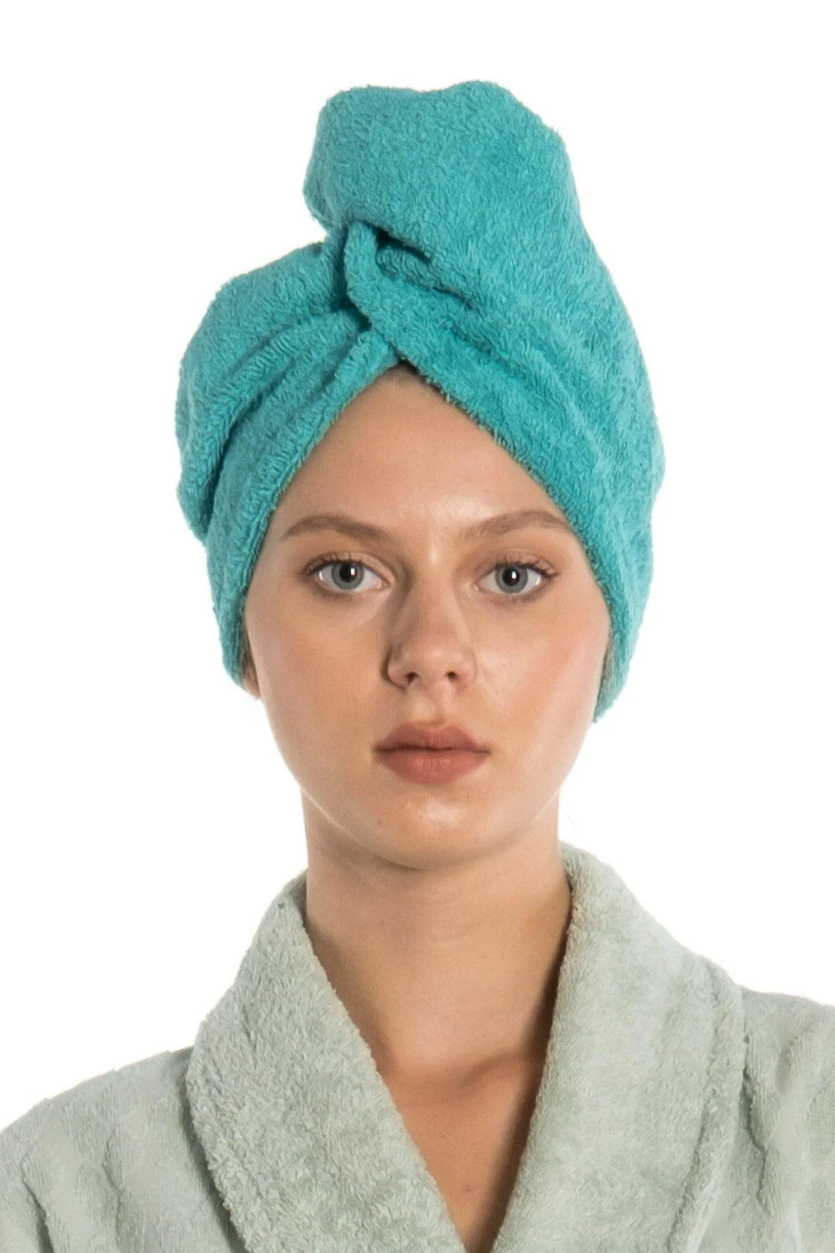Turquoise cotton button hair drying cap for professionals