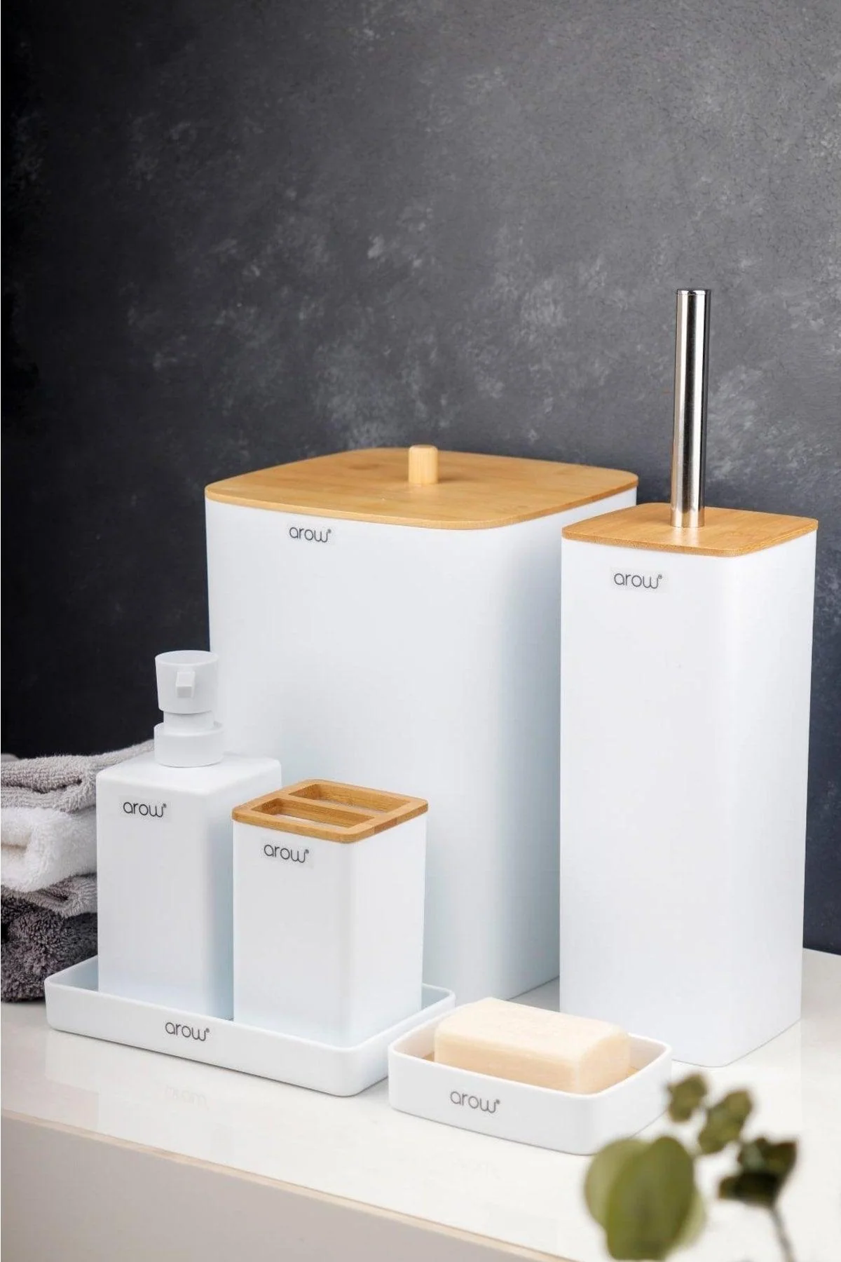 6-piece acrylic bathroom organizer set with bamboo accents