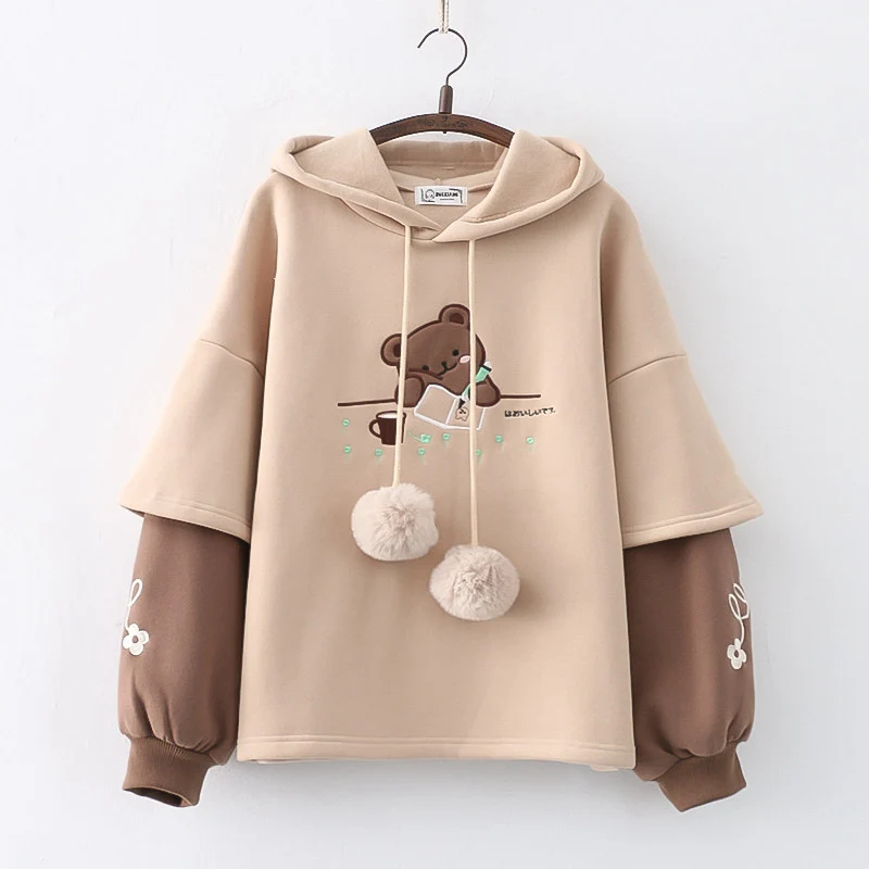 Fleece-Lined Embroidered Bear Winter Pullover Hoodie