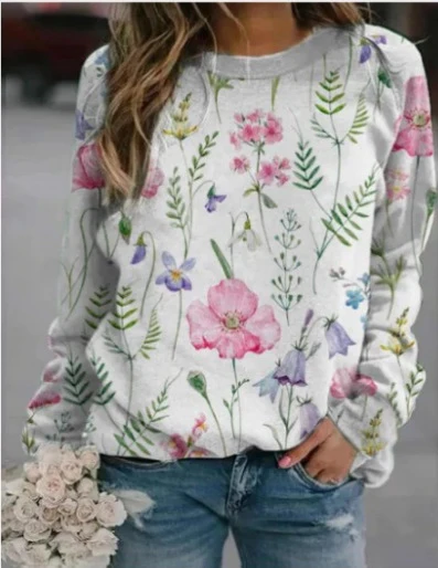 Floral 3D Round Neck Pullover Sweater