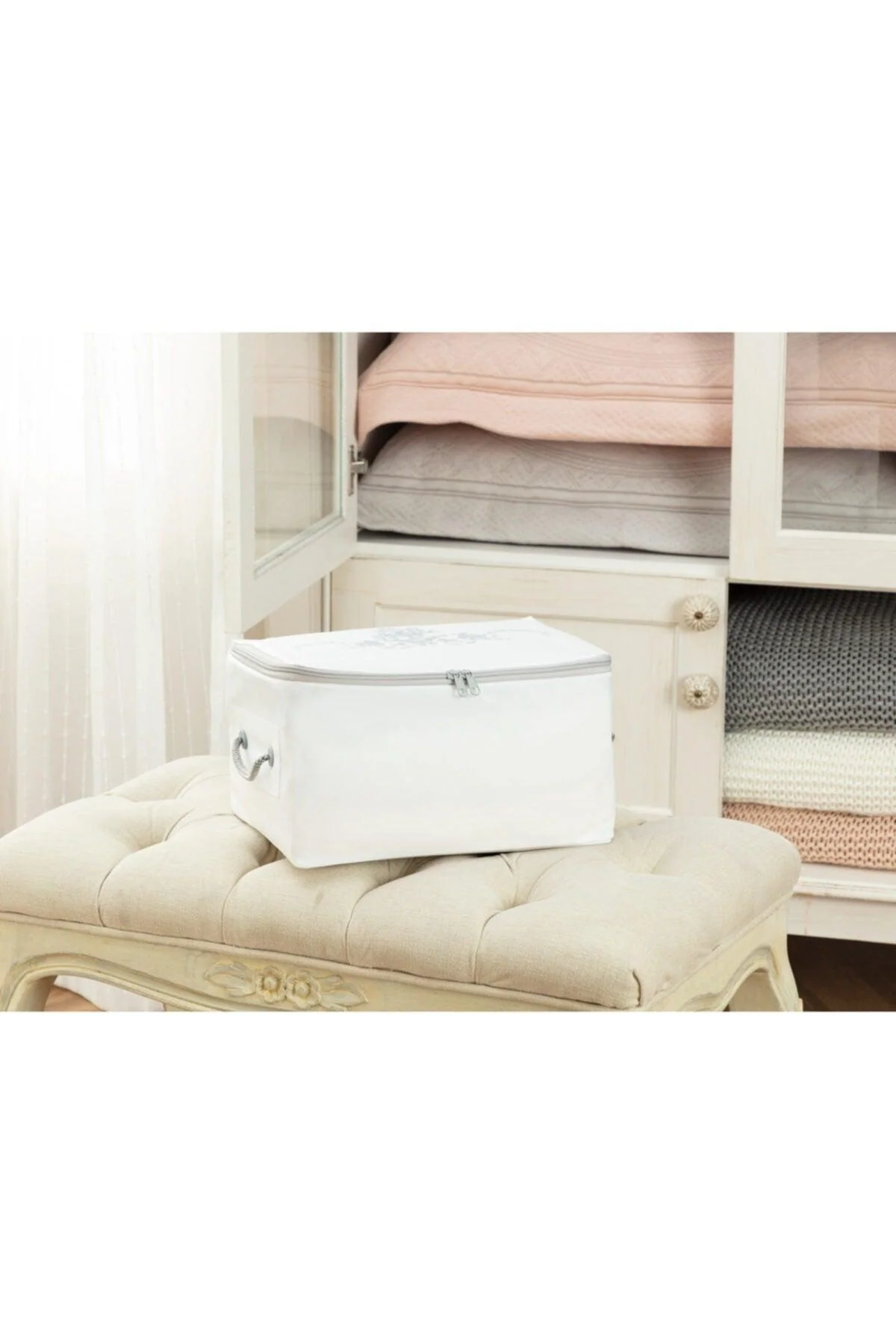 White and gray floral print polypropylene storage bag 74x46x46 cm