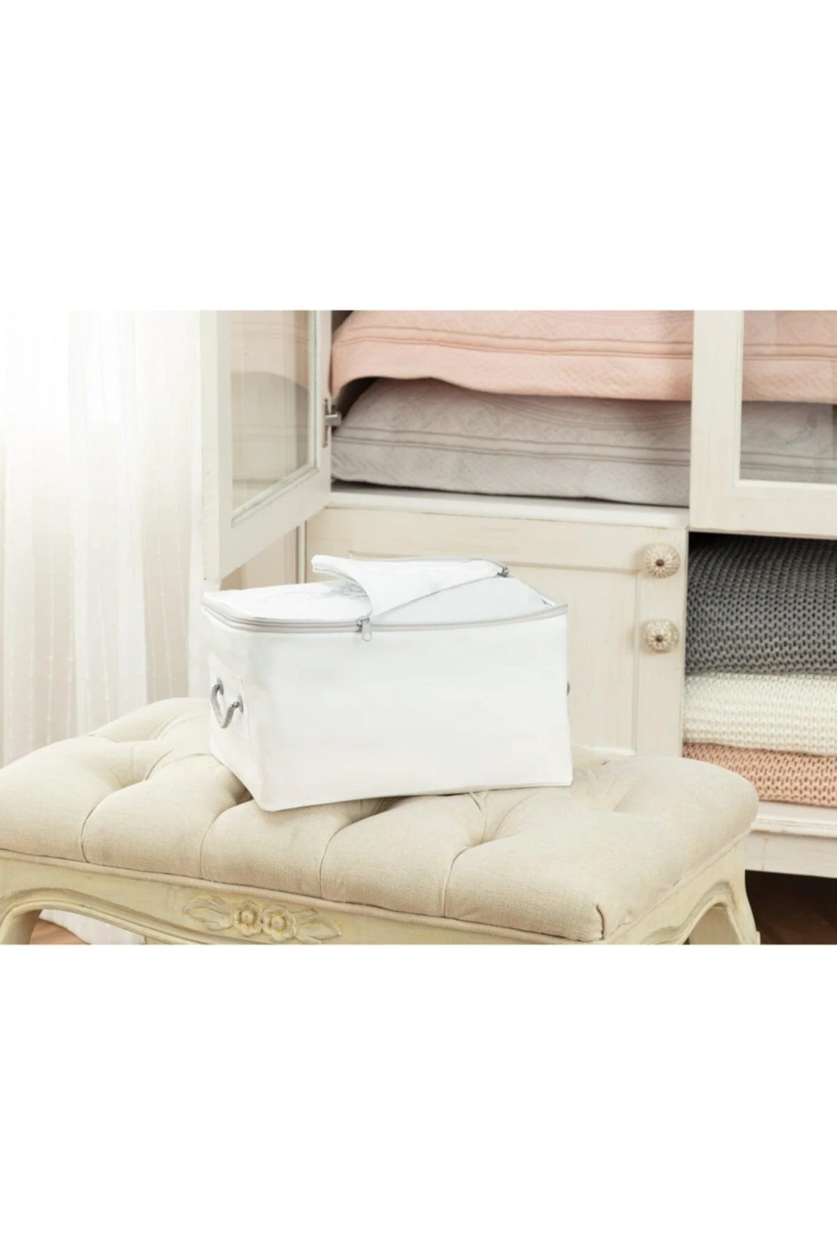 White and gray floral print polypropylene storage bag 74x46x46 cm