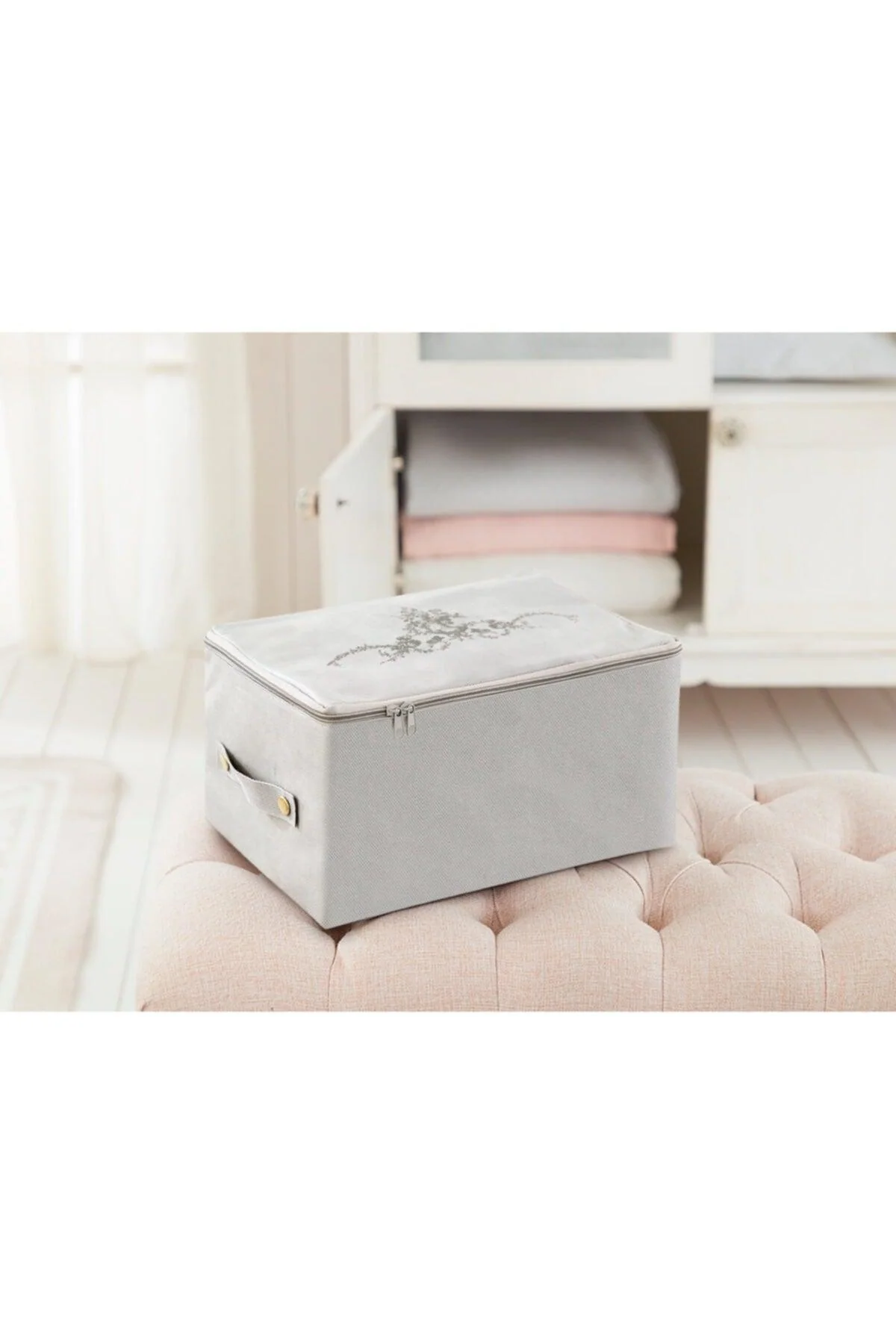 gray floral storage bag with double handles and zipper 30x22x18 cm