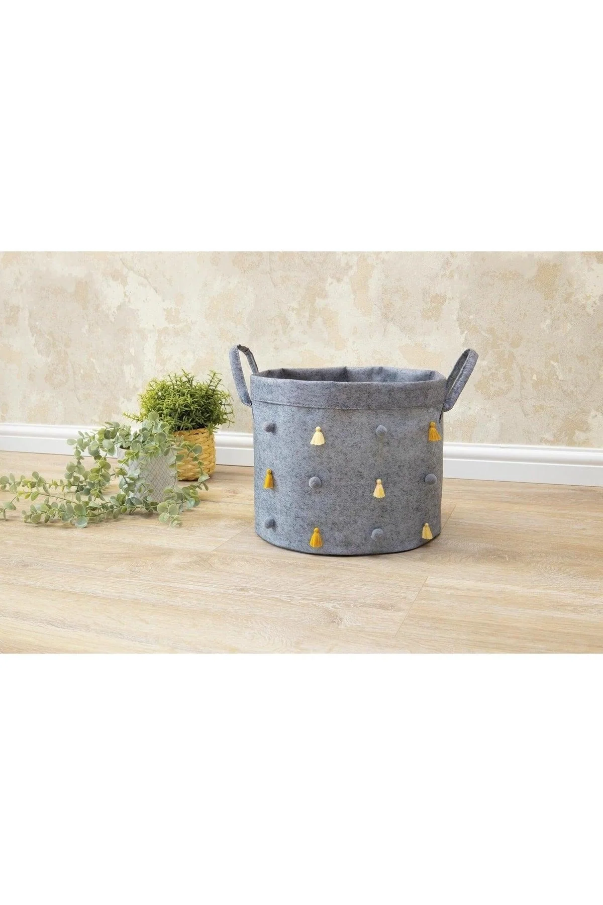 Foldable round storage basket with pompom trim 25 x 29 cm in felt