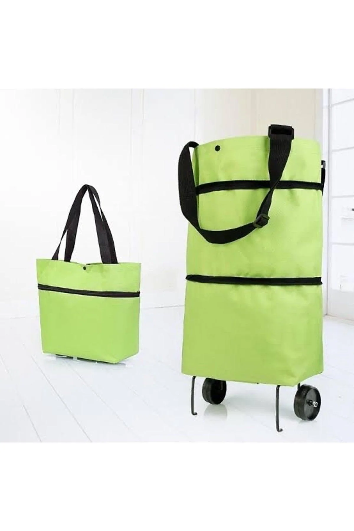 Collapsible shopping bag with folding trolley for easy storage