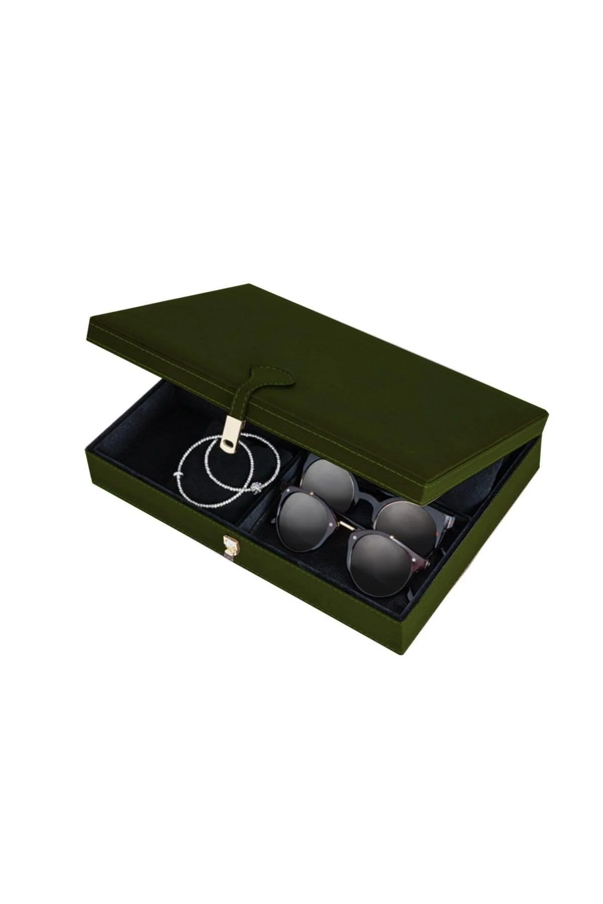 Four-Compartment Velvet‑Lined Jewelry Box with Faux Leather Exterior – 22.7 × 31.7 × 7 cm