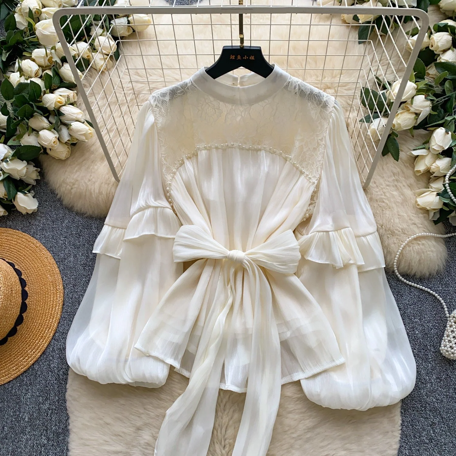 French-Style Solid Bow-Tie Blouse