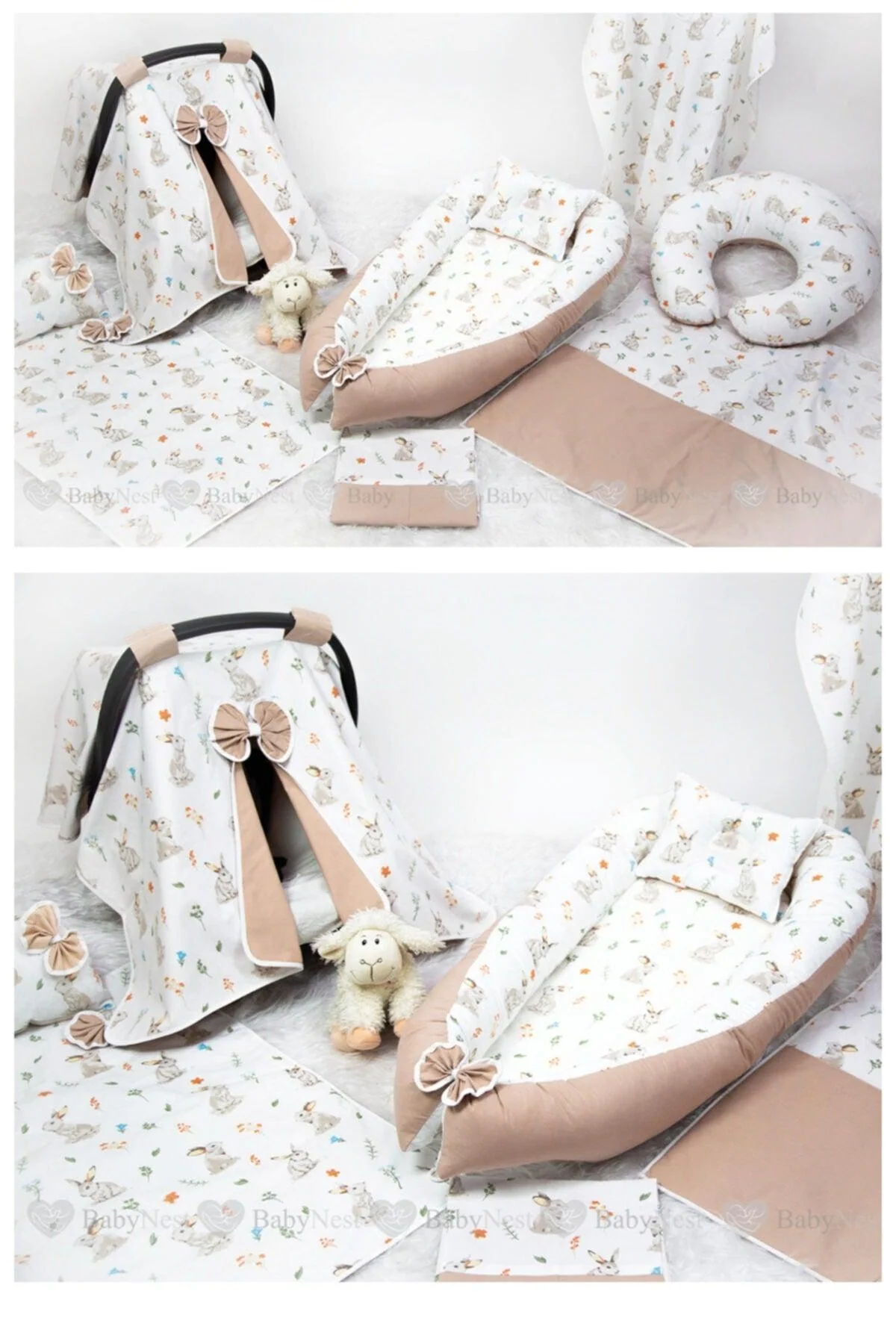 Baby nest and care set with orthopedic pillow and accessories