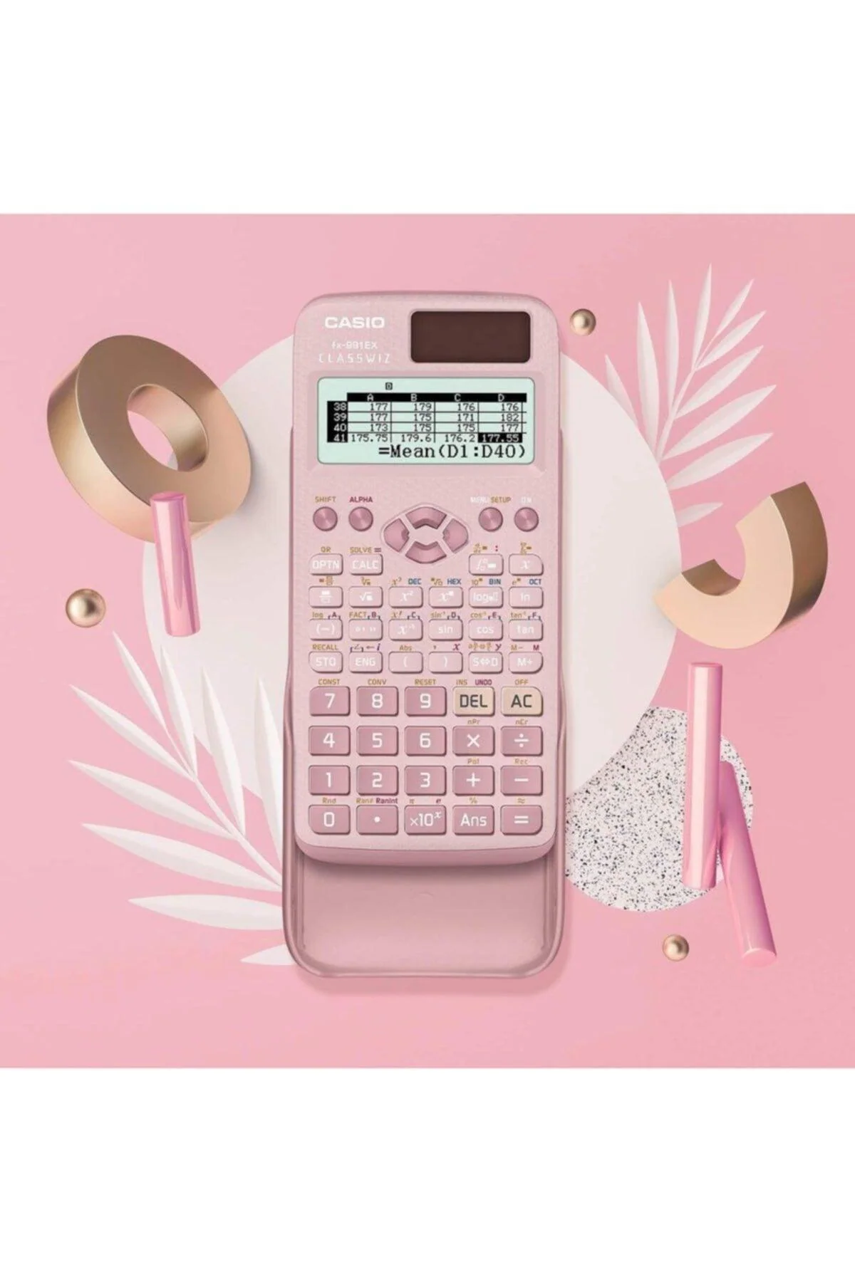 Pink scientific function calculator with solar and battery power