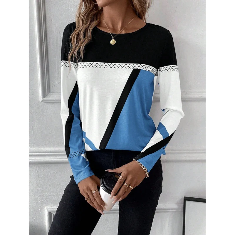 Geometric Print Contrast Stitching Pullover Top