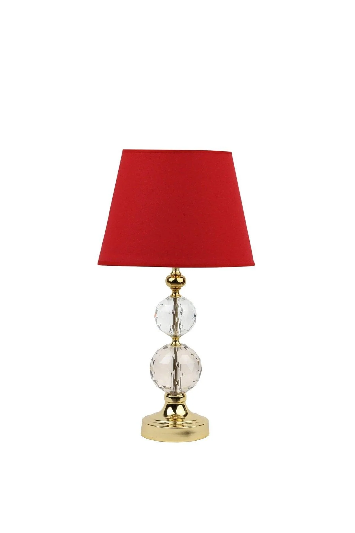 Red fabric-shaded pendant lamp with metal accents