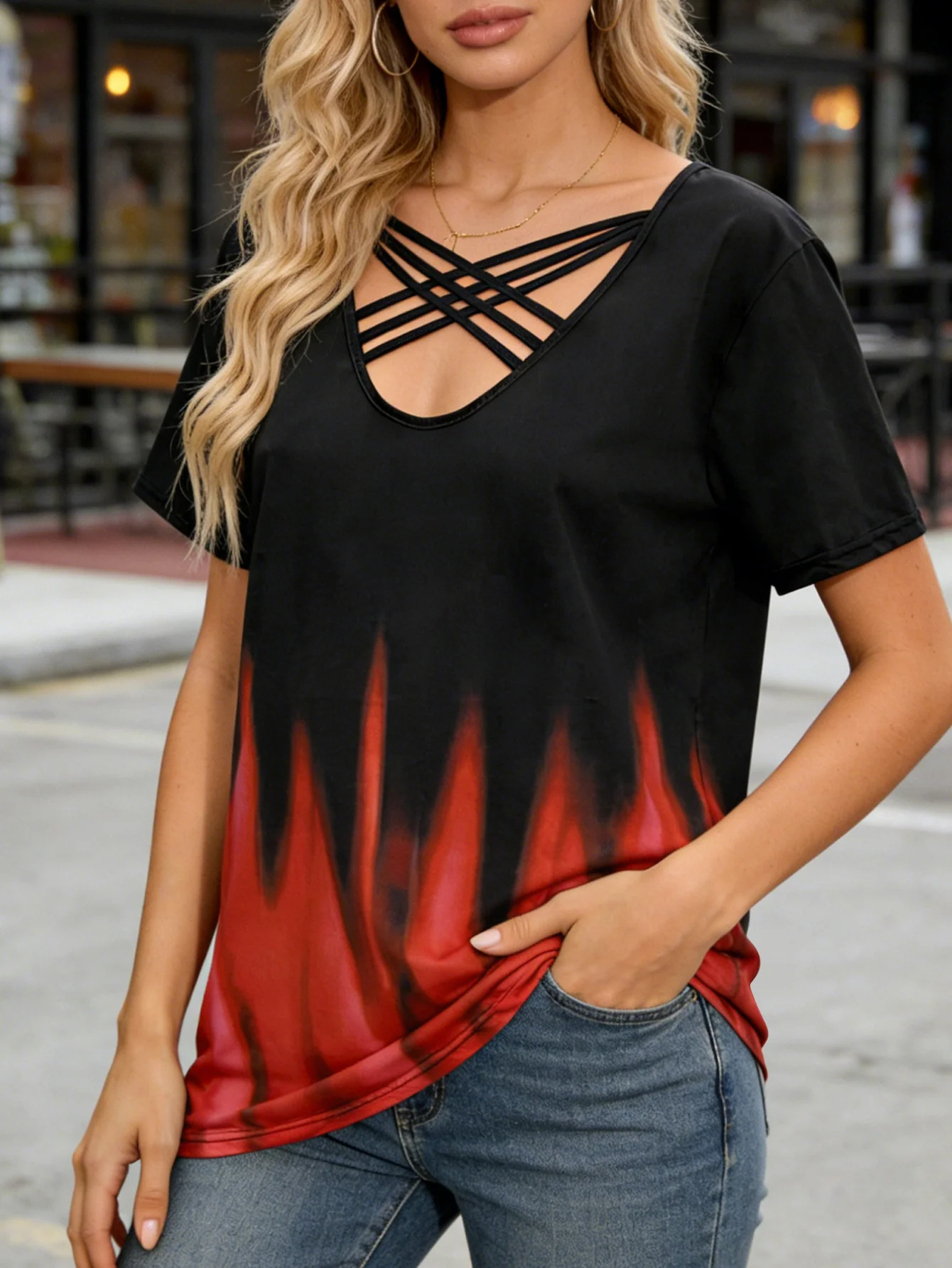 Gradient Flame Print V Neck Tunic Top